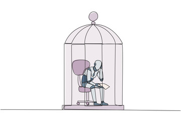 Poster - Single one line drawing robotic trapped in the cage sitting pensively holding paper. Failed business. Read the bankruptcy statement. Frustration. Sad. Tech. Continuous line design graphic illustration