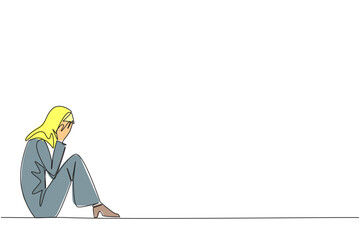 Poster - Single continuous line drawing Arabian businesswoman sitting while covering face. Sad businesswoman bemoans the fate of business. Failure to develop business unit. One line design vector illustration