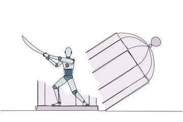Poster - Continuous one line drawing smart robot trapped in the cage holds samurai. Expression of anger over the limitations that shackle. Seek freedom at any cost. Single line draw design vector illustration