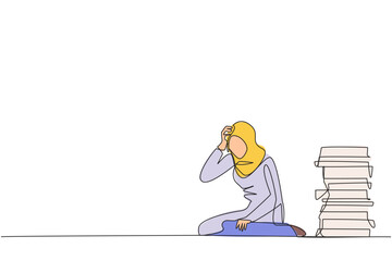 Poster - Single continuous line drawing Arabian businesswoman sitting near piles of work files. Too much work is stressful. Putting off work makes work neglected. Tired. One line design vector illustration