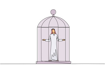 Poster - Single continuous line drawing Arab businessman trapped in cage standing with open arms. Surrender to situation. Forced to stay in a cage. Business is not growing. One line design vector illustration