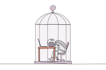 Poster - Continuous one line drawing astronaut trapped in the cage asleep on laptop. Tired of repetitive routines. The many deadlines require overtime every day. Single line draw design vector illustration