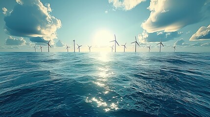 Poster - A panoramic view of an ocean with wind turbines, representing the future of sustainable energy and green technology. Generative AI.