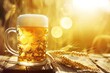 Glass of beer and wheat on the wooden table in the light of the sun
