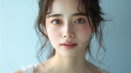 A beautiful Japanese girl with beautiful skin, white background. Generative AI.