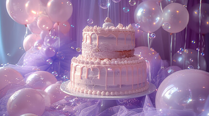 Poster - A purple birthday fantasy party surrounded by bubbles and gauze skirts with cake, balloons. Generative AI.