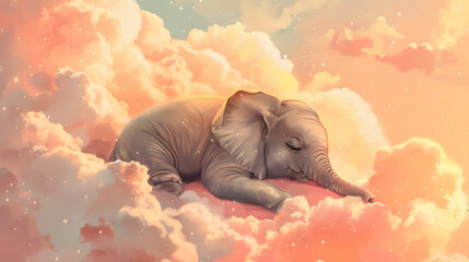 Canvas Print - Cute baby elephant sleeping on clouds. Adorable elephant napping digital art illustration