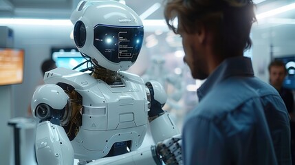 Poster - AI and Robotics Collaboration, A team of engineers programming an AI system to control a humanoid robot. Generative AI.