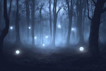 Wall Mural - Ghostly orbs floating in a haunted forest at night.	