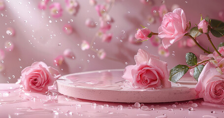 Poster - Round podium with water and flowers on pink background with drops. Empty round plate with water drops and roses, copy space. Generative AI.