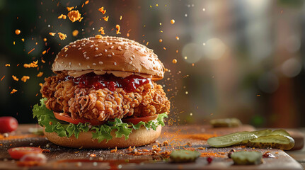 Wall Mural - Fresh crispy fried chicken burger sandwich with flying ingredients and spices hot ready to serve and eat. Generative AI.