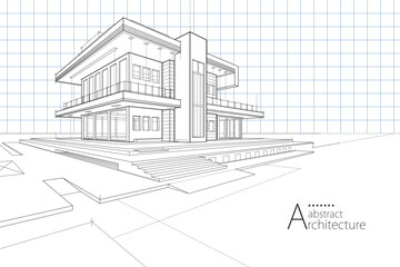 Aufkleber - 3D illustration abstract urban building out-line drawing of imagination architecture building construction design.