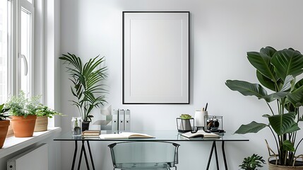 A minimalist modern home office showcasing an empty white frame on a clean white wall, with a clear glass desk holding monochromatic office supplies.