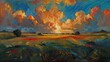 A serene painting of a field under a sky filled with fluffy clouds, capturing the beauty of a peaceful countryside scene