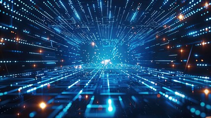 Leinwandbilder - Blue background, futuristic technology grid lines, blue glow in the center of space, dark sky, depth of field, 3D rendering, light effects. Generative AI.