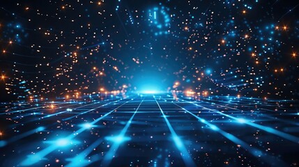 Leinwandbilder - Blue background, futuristic technology grid lines, blue glow in the center of space, dark sky, depth of field, 3D rendering, light effects. Generative AI.