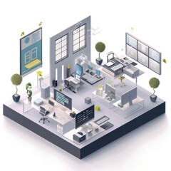 Poster - 3D Render of a detailed isometric vector illustration portraying the interior of an office building with distinct departments such as HR, accounting, and marketing, Generative AI