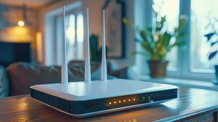 Poster - Home network with router, Modern wi-fi router on light table in room. Generative AI.