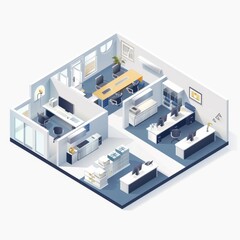 Poster - 3D Render of a minimalist isometric vector illustration showcasing the interior layout of an office building with departmental areas such as marketing, finance, and human resources, Generative AI