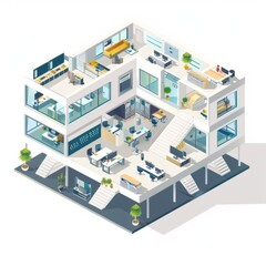 Poster - 3D Render of an isometric vector illustration displaying the interior architecture of an office space, highlighting the various department, Generative AI