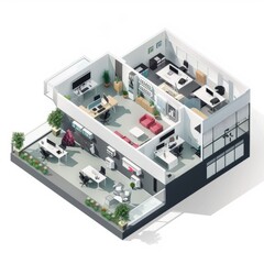 Wall Mural - 3D Render of an isometric vector illustration presenting a bird's-eye view of an office layout with departmental areas such as marketing, product development, Generative AI