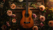 Guitarra española con flores en una caja de madera rústica