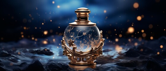 Wall Mural - Luxurious perfume bottle on a flat background with an artistic rendering of the night sky,