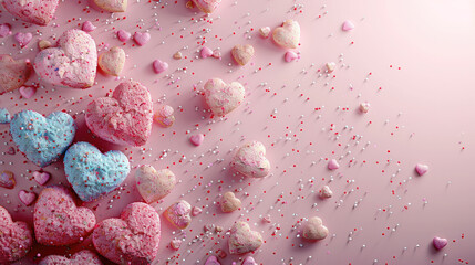 Poster - A lot of color pastel hearts in corner, wide space light pink background for text. Generative AI.