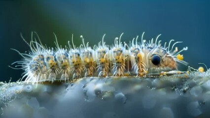 Sticker - Magnified view of a tiny caterpillar showcasing its delicate body covered in sensory hairs that aid in detecting its surroundings. . AI generation.