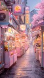 Fototapeta Młodzieżowe - Pastel Colored Food Carts Offering Futuristic Fruit Delicacies Under Soft Ethereal Lighting in an Urban Alleyway
