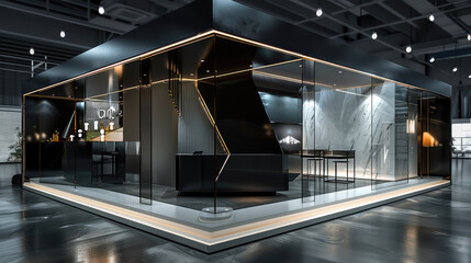Poster - Event Booth design, elegant modern, reflective metal, black, interactive. Generative AI.