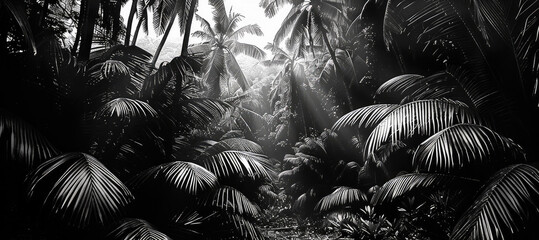 Wall Mural - Black charcoal colored lush jungle. Generative AI.