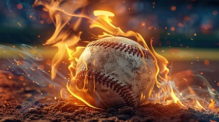 Baseball with hitting flame effect in baseball field. Generative AI.