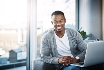 Poster - Happy, man and remote work with laptop in home office on sofa with online writing project opportunity. Email, communication and creative writer post article to web from couch with internet connection