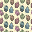 Vector pattern from a collection of cupcakes, muffins, hand-drawn in the style of doodles.