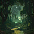 Mysterious Nighttime Journey through Magical Forest towards Emerald City in 'Oz' story