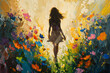 Oil painting in double exposure, translucent silhouette of a girl against the backdrop of a flowering meadow, wall painting for interior decor
