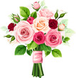 Bouquet of red, pink, and white rose flowers and green leaves isolated on a white background. Vector illustration