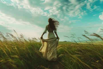 Behold a picturesque moment captured in time: a lady, adorned in a verdant attire, serenely embraces the wind-swept beauty of a meadow, evoking a sense of oneness with the tranquil surroundings