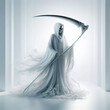 the grim reaper with a scythe, portrait of the death on white background.