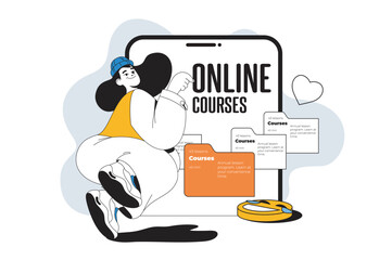 Fototapete - Online courses outline web modern concept in flat line design. Woman studying at virtual educational platform with video lessons. Vector illustration for social media banner, marketing material.