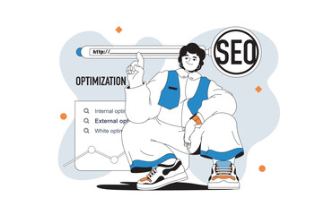 Aufkleber - Seo optimization outline web modern concept in flat line design. Woman analyzing online data, optimizing search engines site ranking. Vector illustration for social media banner, marketing material.