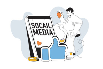 Aufkleber - Social media outline web modern concept in flat line design. Man making posts in online profile, collects likes and follower comments. Vector illustration for social media banner, marketing material.