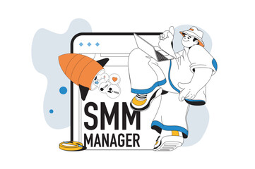 Poster - smm manager outline web modern concept in flat line design. man analyzing social media trends and cr
