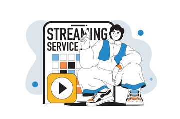 Aufkleber - Streaming service outline web modern concept in flat line design. Man watching video or cinema and using online content stream app. Vector illustration for social media banner, marketing material.