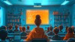 Animated depiction of a person teaching kids about sustainability, blue and orange classroom