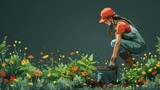 Fototapeta  - Animated depiction of a person setting up a home composting bin, brown and aqua background