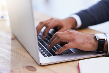 Aufkleber - Hands, laptop keyboard and desk for typing email, online research and business communication. Fingers zoom, corporate job and tech on table for writing article, internet connectivity and web browsing