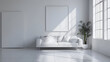 White minimalist living room interior with sofa, dresser on a wooden floor, decor on a large wall,  minimalist living room in white color with sofa ,Scandinavian interior design