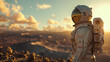 astronaut looking out over a crater, scifi universe